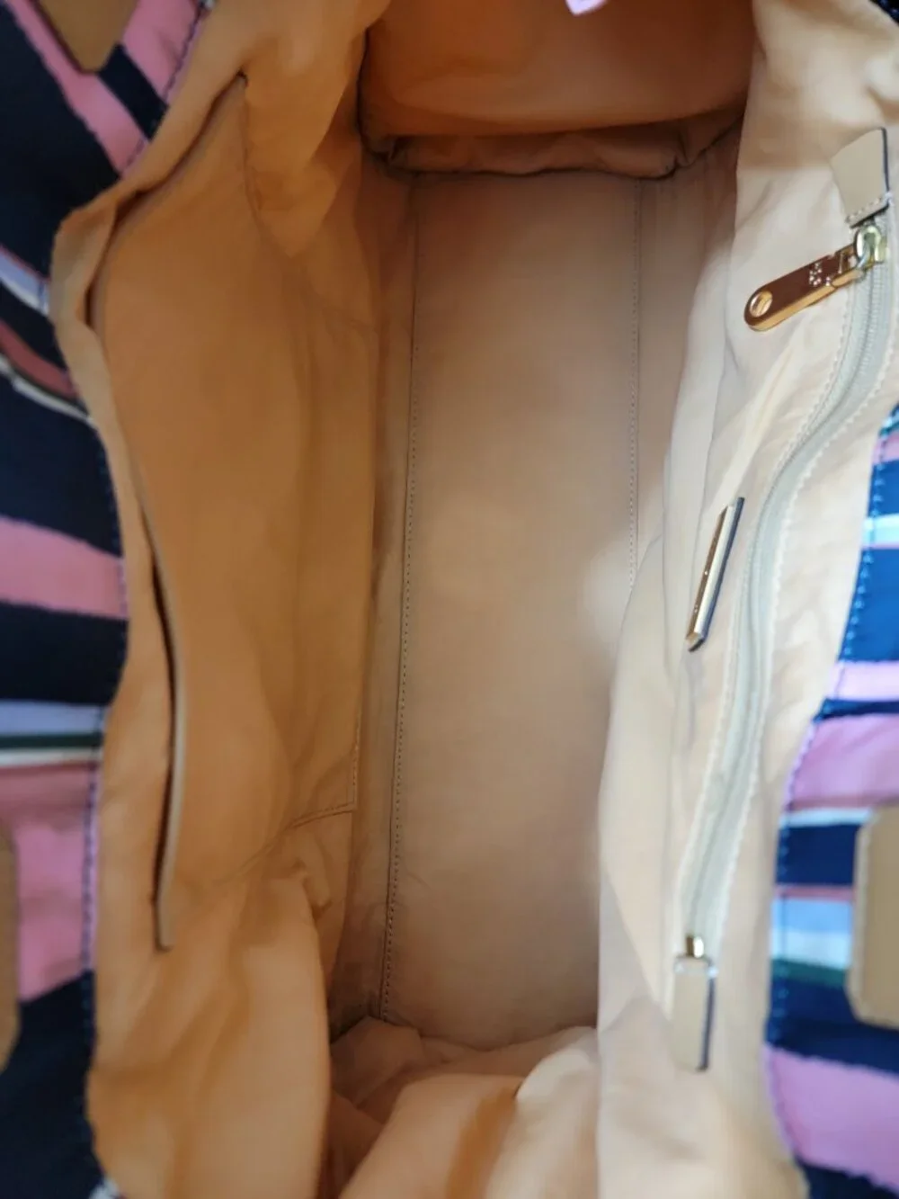 Tory Burch Ella Tote Navy Pink Stripe Nylon Large Shoulder Bag Leather Trim